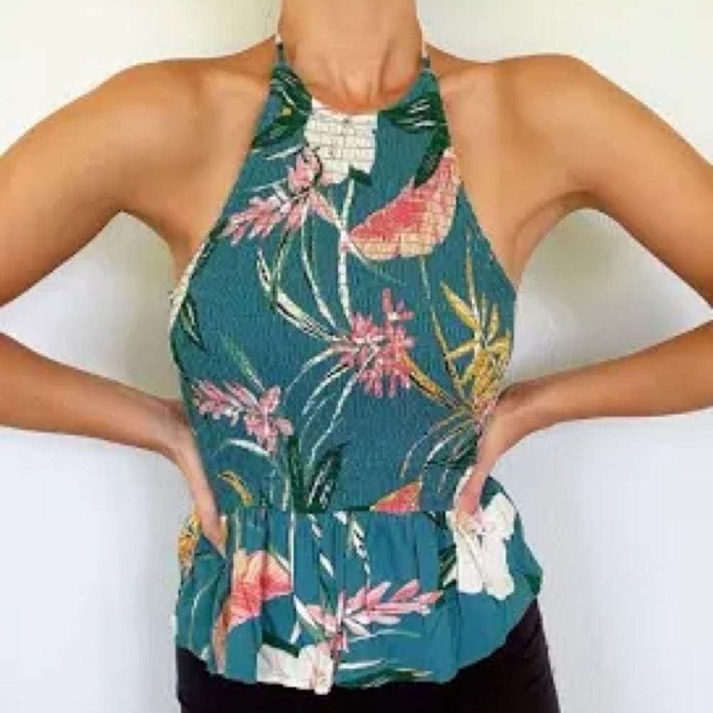 PATRONS OF PEACE HALTER PEPLUM TOP